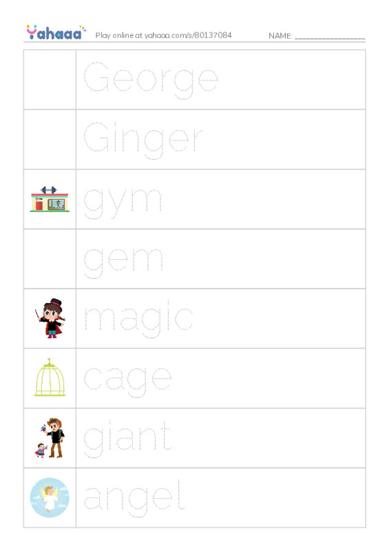 Picture and word rows worksheet for George, Ginger, gym and 5 more