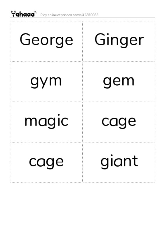 Word flashcards worksheet for George, Ginger, gym and 5 more