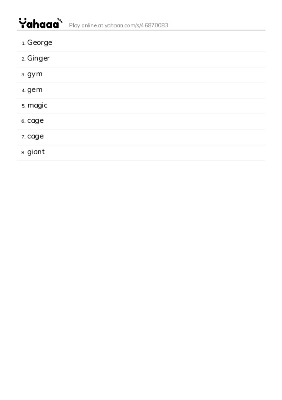 Word list with meanings worksheet for George, Ginger, gym and 5 more