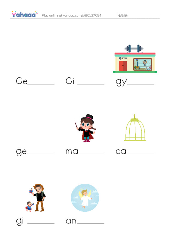 Finish the word worksheet for George, Ginger, gym and 5 more
