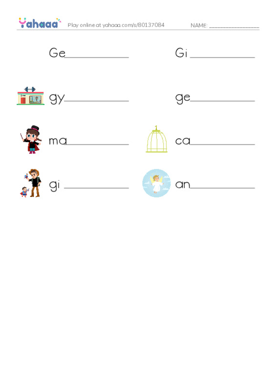Write the word rows worksheet for George, Ginger, gym and 5 more