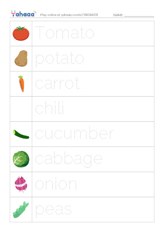 Picture and word rows worksheet for Vegetables