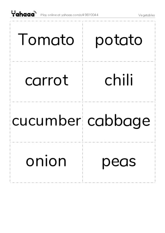 Word flashcards worksheet for Vegetables