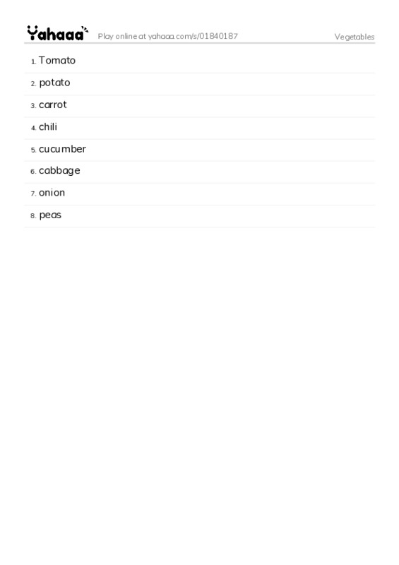 Word list with meanings worksheet for Vegetables