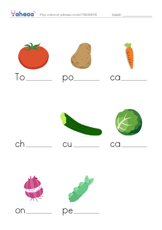 Finish the word worksheet for Vegetables