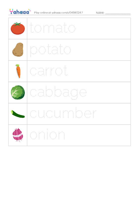Picture and word rows worksheet for Vegetables