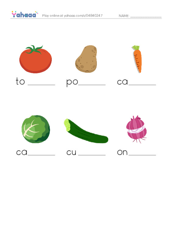 Finish the word worksheet for Vegetables