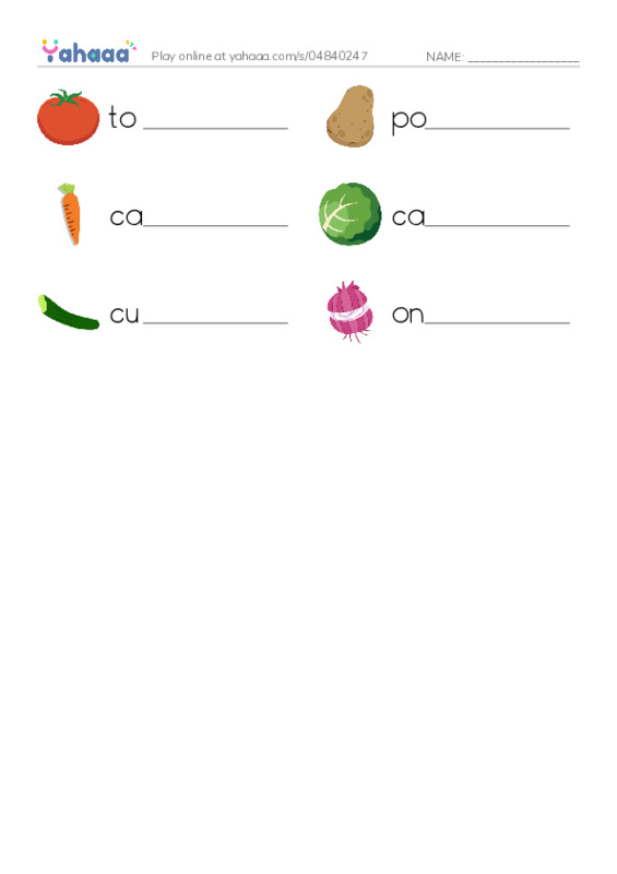 Write the word rows worksheet for Vegetables