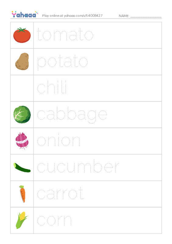 Picture and word rows worksheet for Vegetables