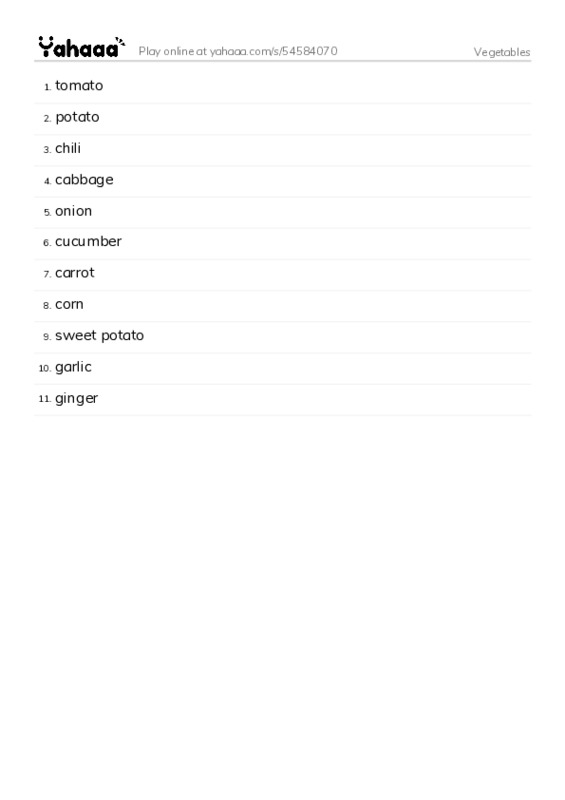 Word list with meanings worksheet for Vegetables