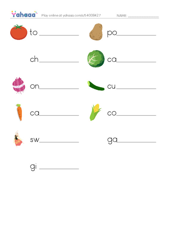 Write the word rows worksheet for Vegetables