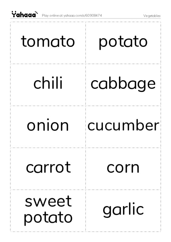 Word flashcards worksheet for Vegetables