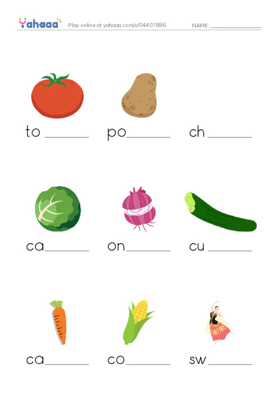 Finish the word worksheet for Vegetables