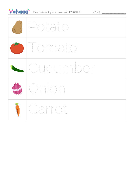 Picture and word rows worksheet for Vegetable