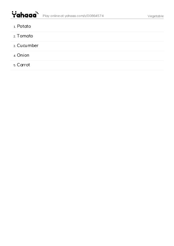 Word list with meanings worksheet for Vegetable