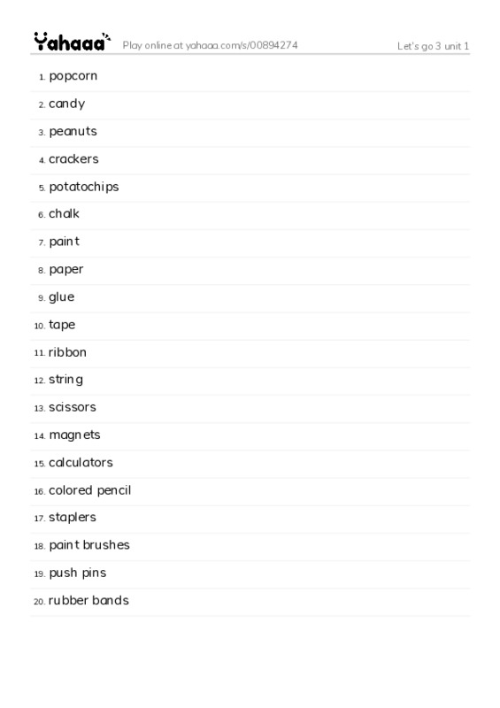 Word list with meanings worksheet for Let's go 3 unit 1