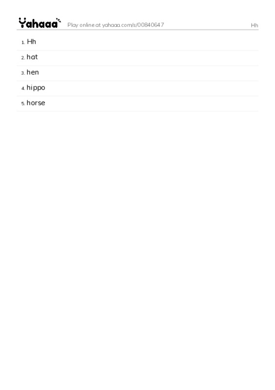 Word list with meanings worksheet for Hh
