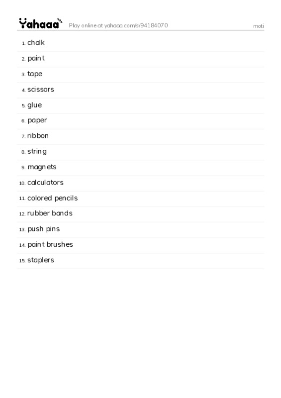 Word list with meanings worksheet for moti