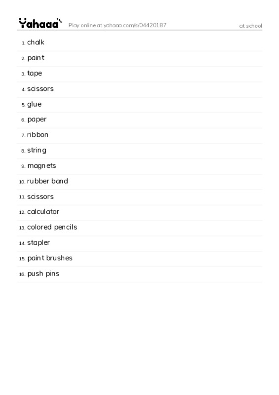 Word list with meanings worksheet for at school