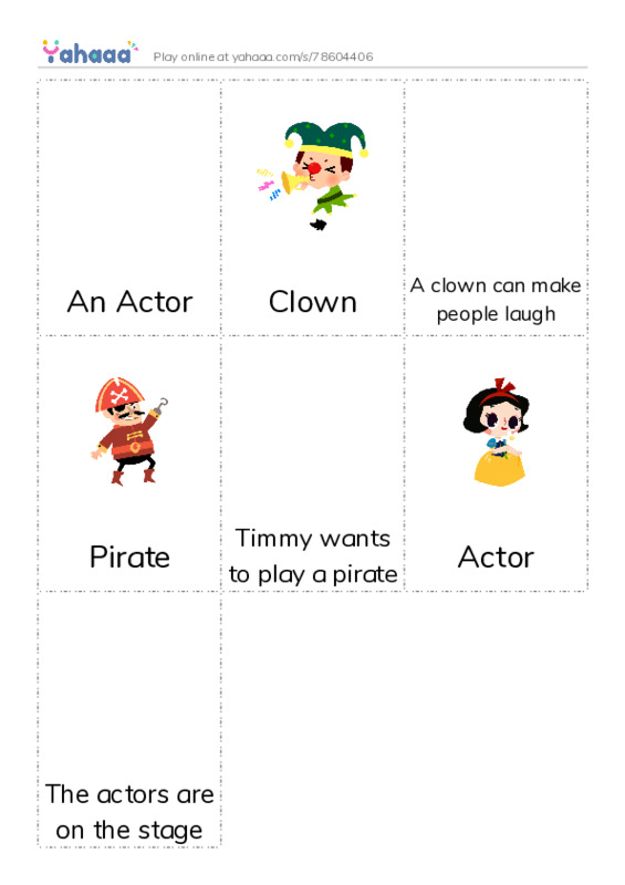 Picture flashcards worksheet for An Actor, Clown, A clown can make people laugh and 4 more