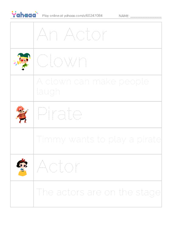 Picture and word rows worksheet for An Actor, Clown, A clown can make people laugh and 4 more