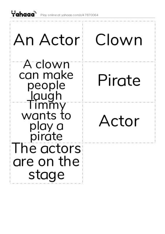 Word flashcards worksheet for An Actor, Clown, A clown can make people laugh and 4 more