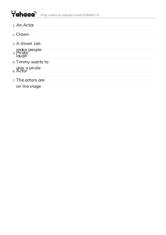 Word list with meanings worksheet for An Actor, Clown, A clown can make people laugh and 4 more