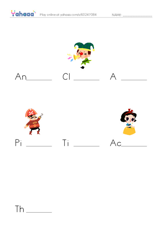 Finish the word worksheet for An Actor, Clown, A clown can make people laugh and 4 more