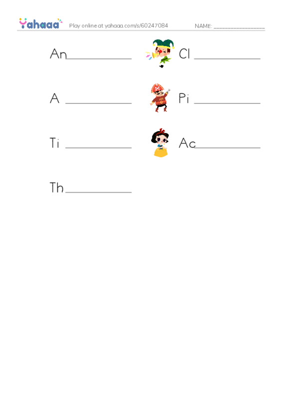Write the word rows worksheet for An Actor, Clown, A clown can make people laugh and 4 more