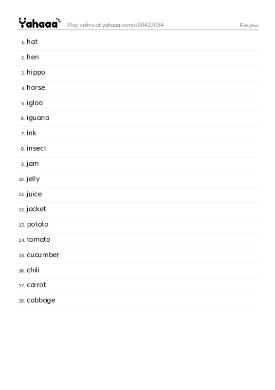 Word list with meanings worksheet for Review