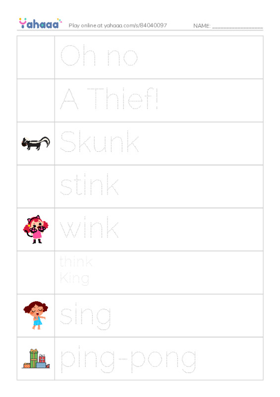 Picture and word rows worksheet for Oh no, A Thief!, Skunk and 12 more