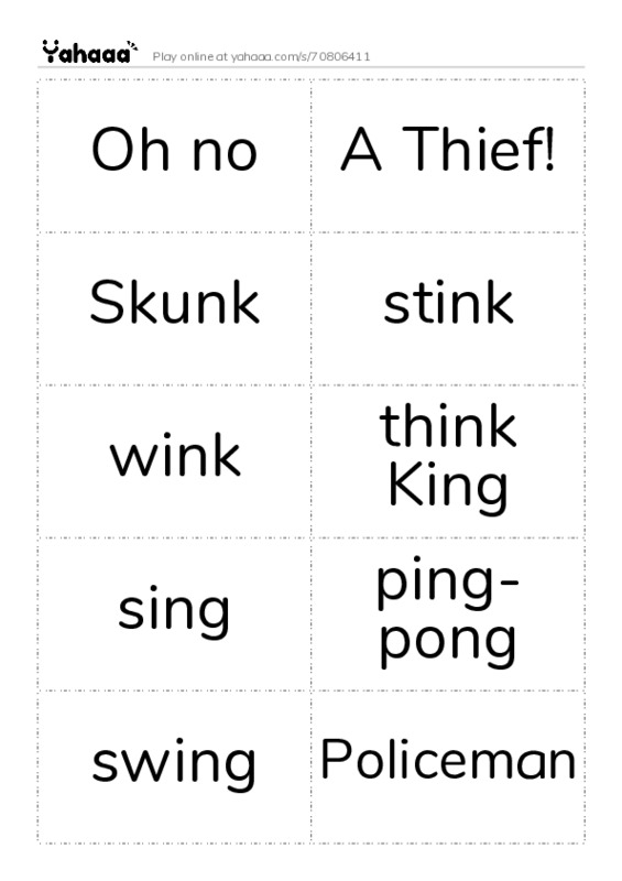 Word flashcards worksheet for Oh no, A Thief!, Skunk and 12 more