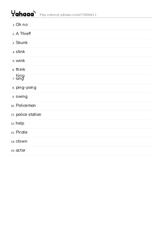 Word list with meanings worksheet for Oh no, A Thief!, Skunk and 12 more