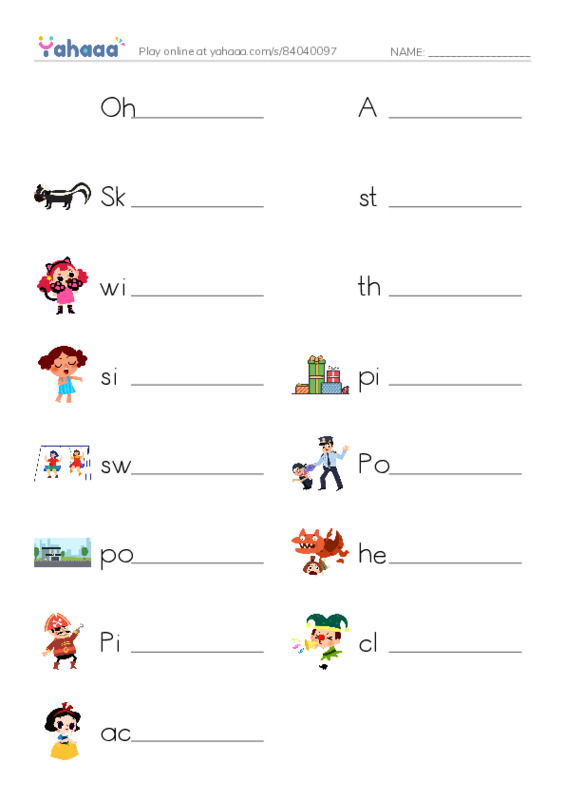 Write the word rows worksheet for Oh no, A Thief!, Skunk and 12 more