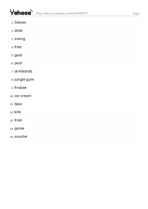 Word list with meanings worksheet for Park