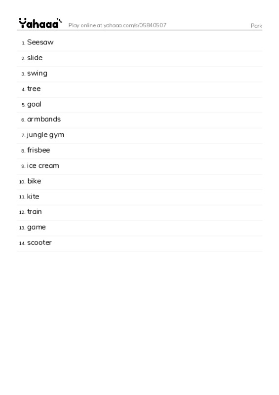 Word list with meanings worksheet for Park