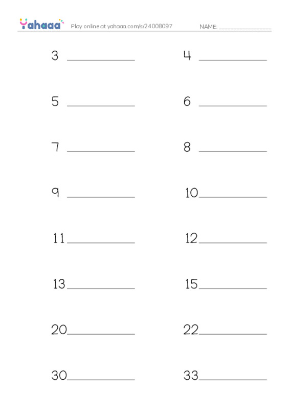 Write the word rows worksheet for Numbers