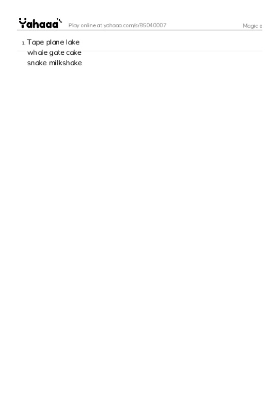 Word list with meanings worksheet for Magic e