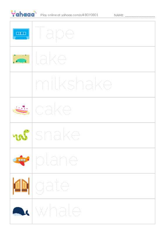 Picture and word rows worksheet for Magic e