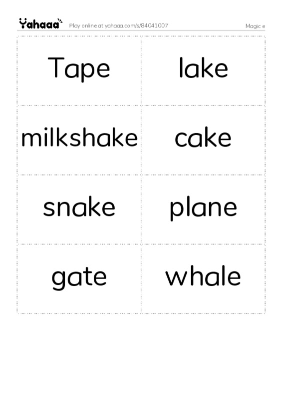 Word flashcards worksheet for Magic e
