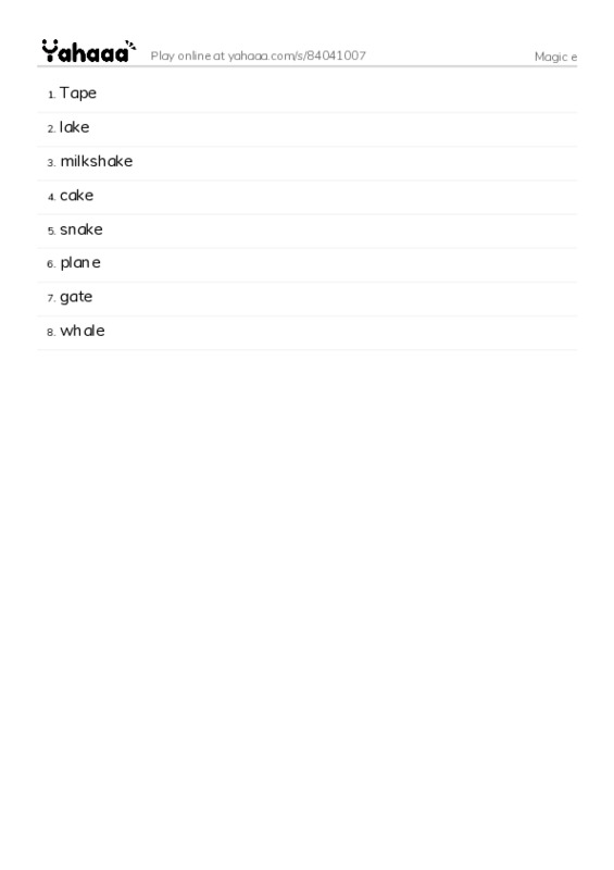 Word list with meanings worksheet for Magic e