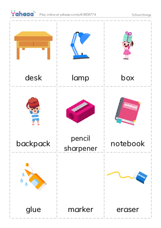 Picture flashcards worksheet for School things