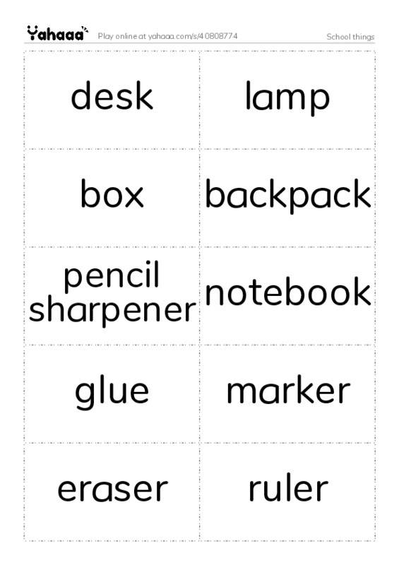 Word flashcards worksheet for School things