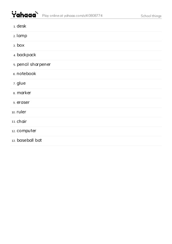 Word list with meanings worksheet for School things