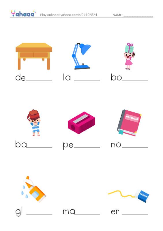 Finish the word worksheet for School things