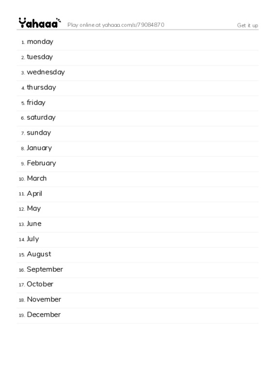 Word list with meanings worksheet for Get it up