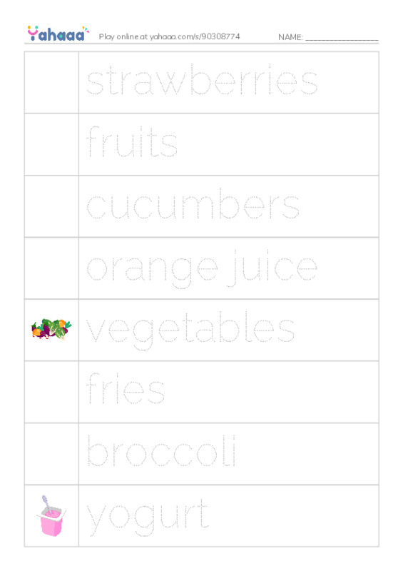 Picture and word rows worksheet for Food and Drink