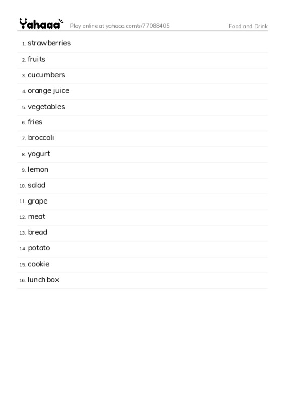 Word list with meanings worksheet for Food and Drink