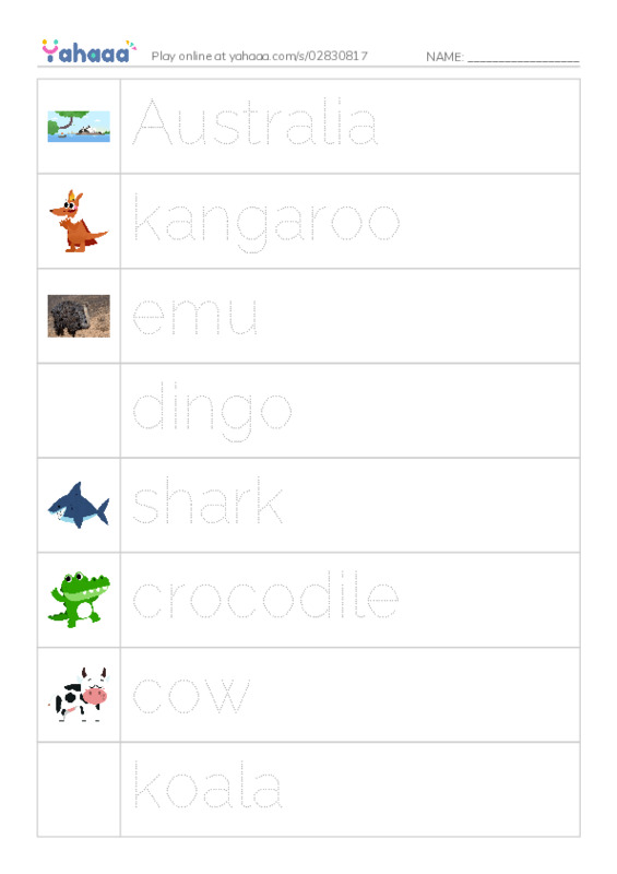 Picture and word rows worksheet for Cuture 1: Animals