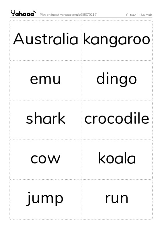 Word flashcards worksheet for Cuture 1: Animals